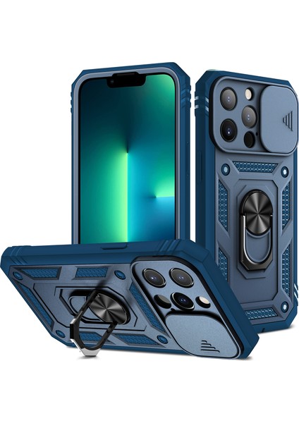 iPhone 13 Pro Slayt Lens Kapağı Kart Yuvası Halkalı Standlı Kılıf Mavi (Yurt Dışından)