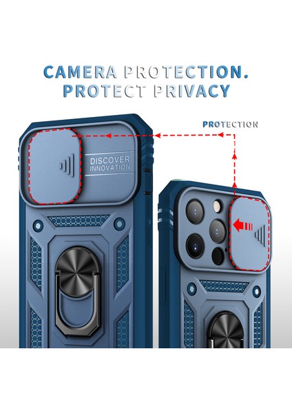 iPhone 13 Pro Slayt Lens Kapağı Kart Yuvası Halkalı Standlı Kılıf Mavi (Yurt Dışından) fiyatları