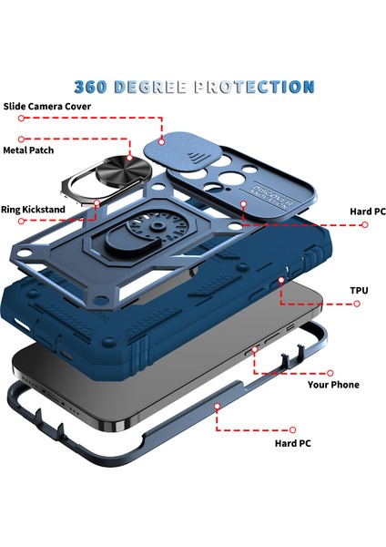 iPhone 13 Pro Slayt Lens Kapağı Kart Yuvası Halkalı Standlı Kılıf Mavi (Yurt Dışından) indirimleri