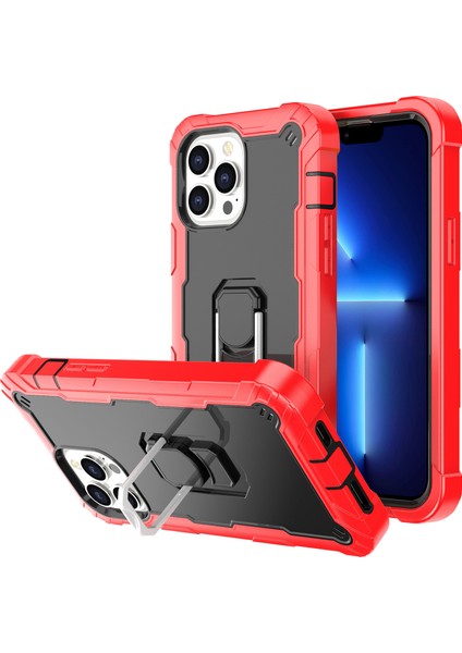 iPhone 13 Pro Koruma Shockproof Bumper Yerleşik Standlılı Kılıf Kapaklı Kırmızı - Siyah (Yurt Dışından)