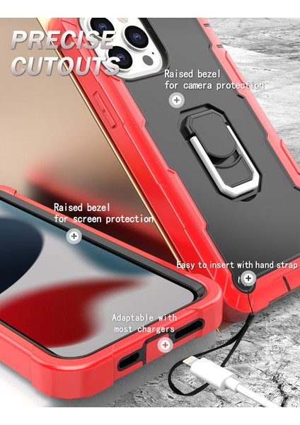 iPhone 13 Pro Koruma Shockproof Bumper Yerleşik Standlılı Kılıf Kapaklı Kırmızı - Siyah (Yurt Dışından) fırsatları
