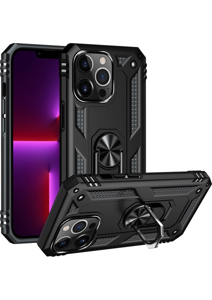iPhone 13 Pro Max Çift Katmanlı Halkalı Standlı Kılıf Siyah (Yurt Dışından)