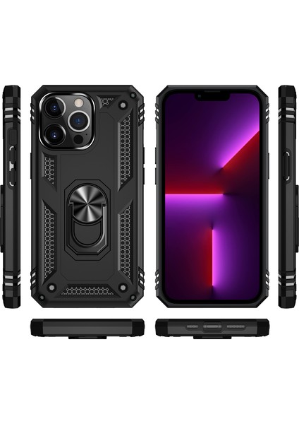 iPhone 13 Pro Max Çift Katmanlı Halkalı Standlı Kılıf Siyah (Yurt Dışından)