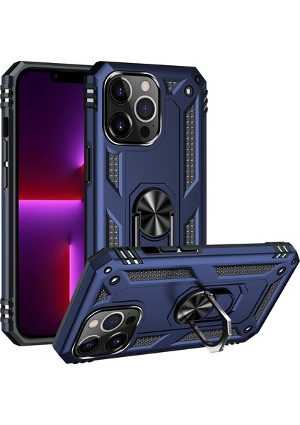 iPhone 13 Pro Max Çift Katmanlı Halkalı Standlı Kılıf Mavi (Yurt Dışından)