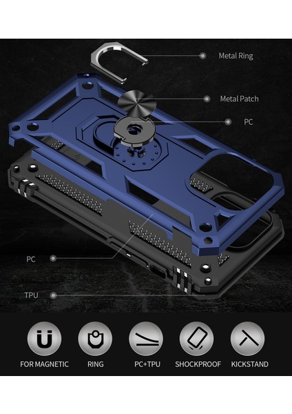 iPhone 13 Pro Max Çift Katmanlı Halkalı Standlı Kılıf Mavi (Yurt Dışından) modelleri