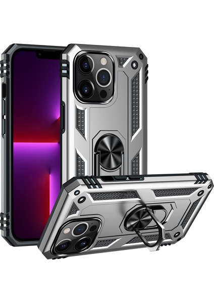 iPhone 13 Pro Max Çift Katmanlı Halkalı Standlı Kılıf Gümüş (Yurt Dışından)