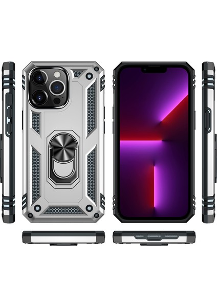 iPhone 13 Pro Max Çift Katmanlı Halkalı Standlı Kılıf Gümüş (Yurt Dışından)