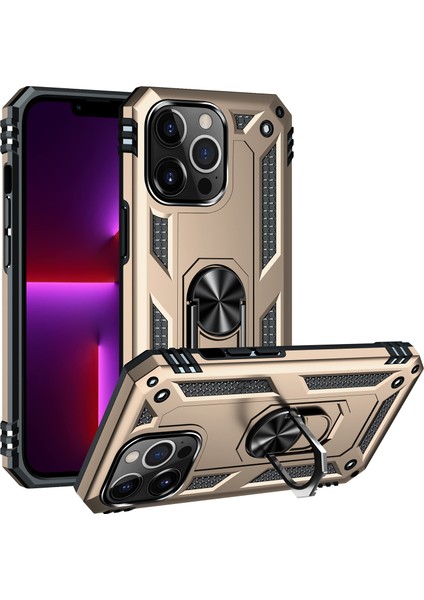 iPhone 13 Pro Max Çift Katmanlı Halkalı Standlı Kılıf Altın (Yurt Dışından)