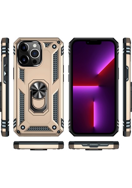 iPhone 13 Pro Max Çift Katmanlı Halkalı Standlı Kılıf Altın (Yurt Dışından)