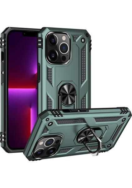iPhone 13 Pro Max Çift Katmanlı Halkalı Standlı Kılıf Yeşil (Yurt Dışından)
