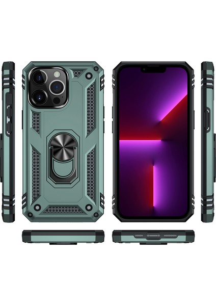 iPhone 13 Pro Max Çift Katmanlı Halkalı Standlı Kılıf Yeşil (Yurt Dışından)
