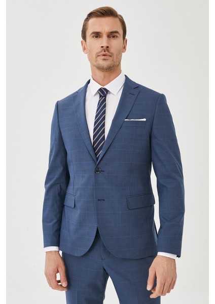 ALTINYILDIZ CLASSICS Erkek Lacivert Ekstra Slim Fit Dar Kesim Yünlü Kareli Takım Elbise