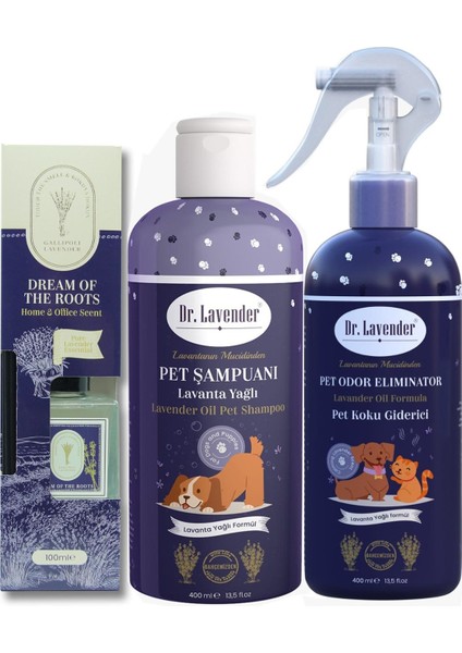 Dr. Lavender Kedi Köpek Koku Giderici Sprey 400 ml + Köpek Şampuanı 400 ml + Çubuklu Oda Kokusu 100 ml