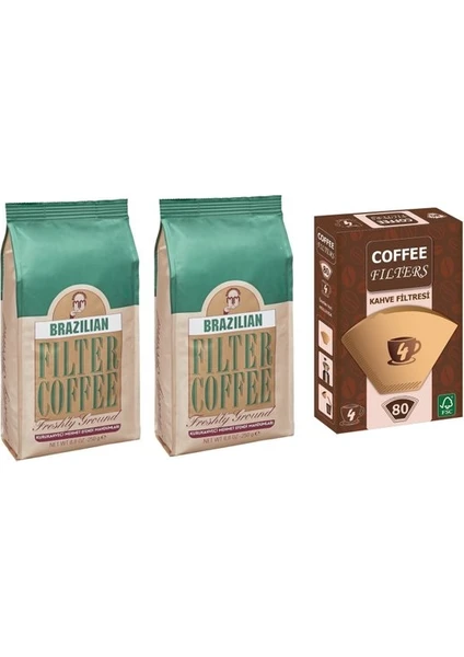 Kurukahveci Mehmet Efendi  Brazilian Filtre Kahve 2X250 gr + Coffee Filters Kahve Kağıdı No:4 80'li