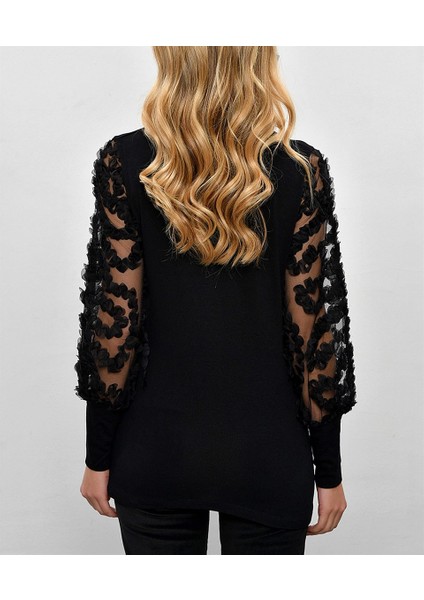 Kadın Siyah Kolu Dantel Detaylı Kazak modelleri