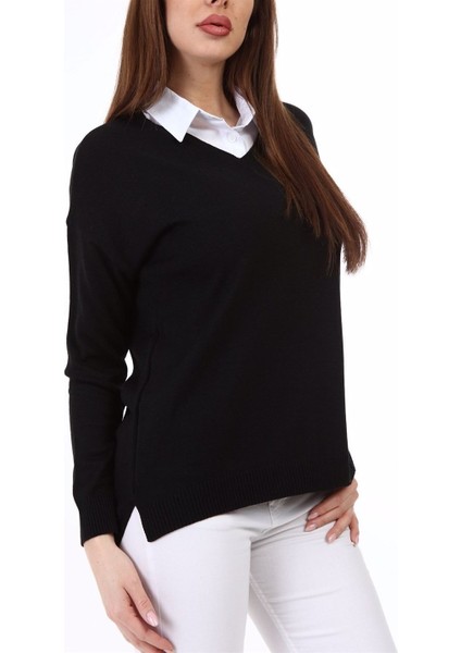 Kadın Yandan Yırtmaç Detaylı V Yaka Siyah Triko Kazak