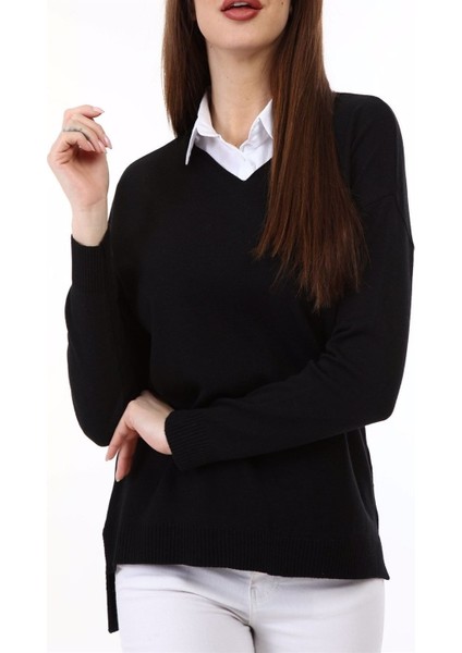 Kadın Yandan Yırtmaç Detaylı V Yaka Siyah Triko Kazak fiyatları