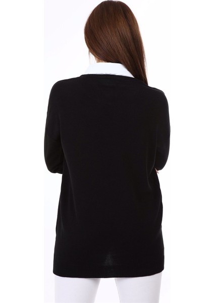 Kadın Yandan Yırtmaç Detaylı V Yaka Siyah Triko Kazak modelleri