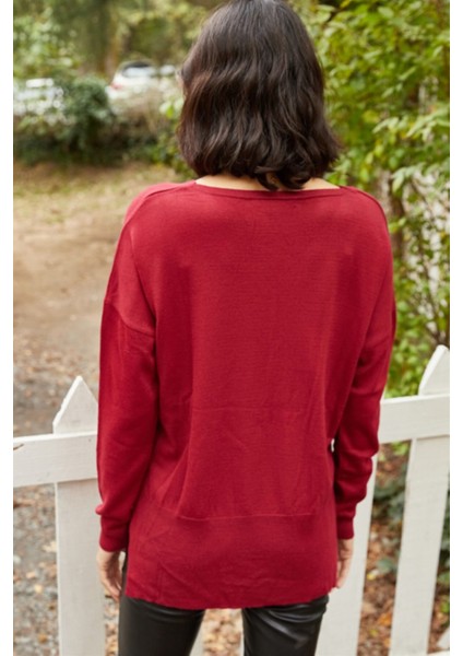 Kadın Yandan Düğmeli V Yaka Bordo Kazak modelleri