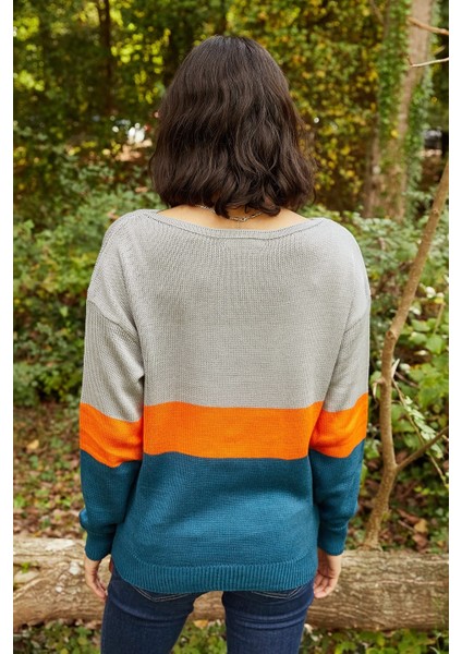 Kadın Renk Bloklu Gri Kazak indirimleri