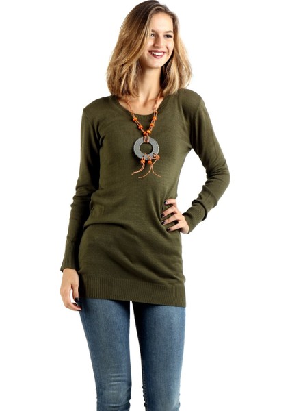 Kadın Yuvarlak Yaka Haki Kazak