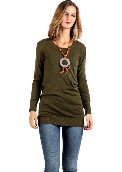 Kadın Yuvarlak Yaka Haki Kazak fiyatları