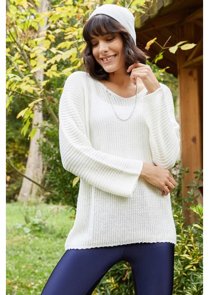 Kadın Geniş Kollu V Yaka Ekru Kazak fiyatları