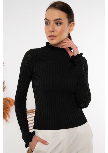 Kadın Siyah Boğazı Fırfırlı Ajurlu Uzun Kollu Kazak fiyatları