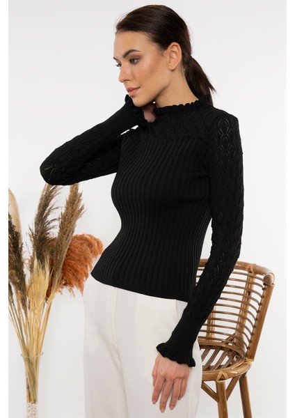 Kadın Siyah Boğazı Fırfırlı Ajurlu Uzun Kollu Kazak modelleri