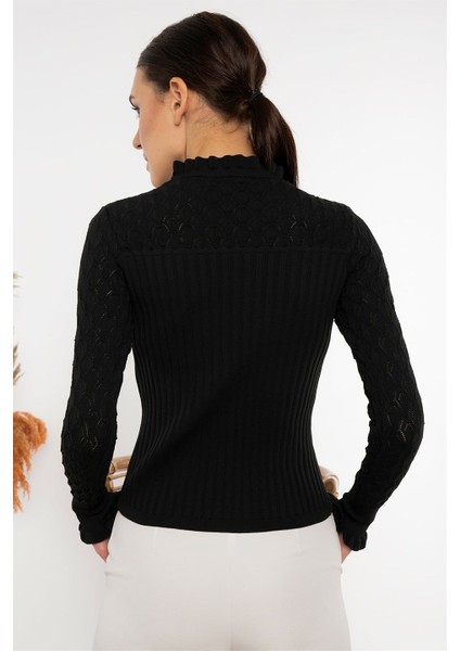 Kadın Siyah Boğazı Fırfırlı Ajurlu Uzun Kollu Kazak fırsatları