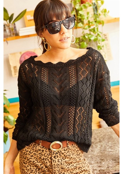 Kadın Siyah Kayık Yaka Delikli Ajurlu Triko Kazak fiyatları