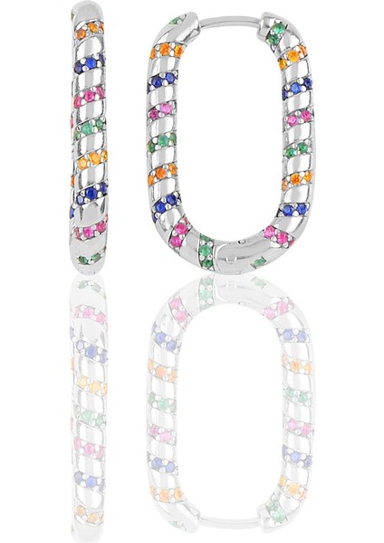 Gümüş Renkli Zirkon Taşlı Özel Tasarım Oval Küpe