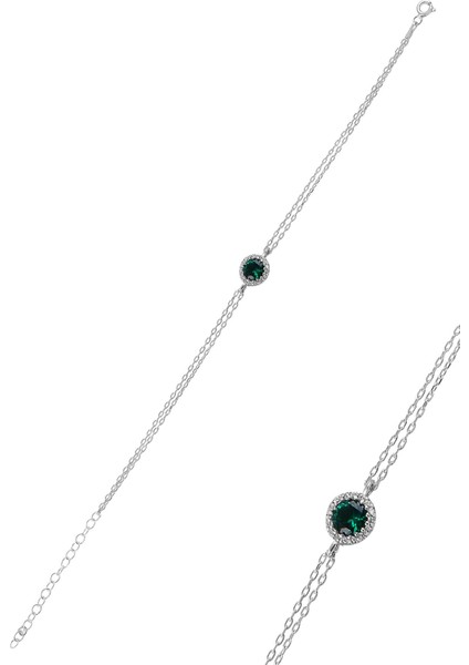 Gümüş Kök Zümrüt Taşlı Pırlanta Montürlu Bileklik