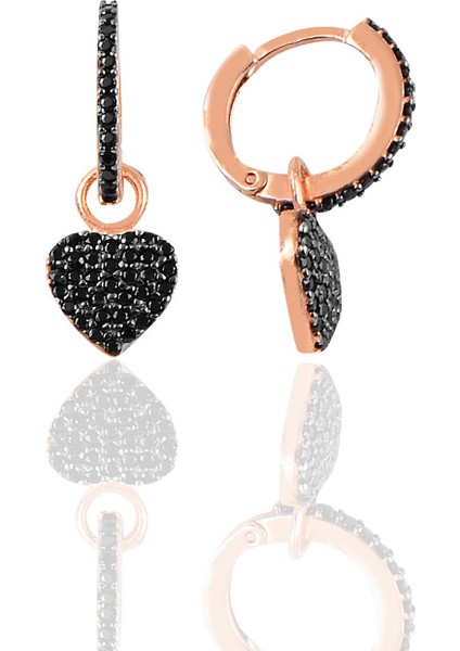 Gümüş Siyah Taşlı Kalp Modeli Taşlı Halka Küpe