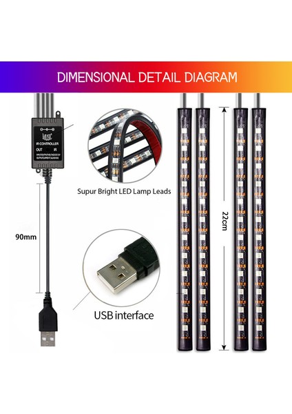 Araba LED Şerit Işığı, 4 Adet 36 LED Dc 12V Çok Renkli (Yurt Dışından)