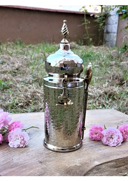 Bakır Dövme Kuru Kahve Saklama Kabı Kaşıklı