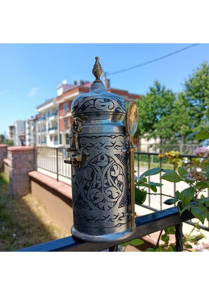 Bakır Kuru Kahve Saklama Kabı Kalaylı Eskitme Kaşıklı