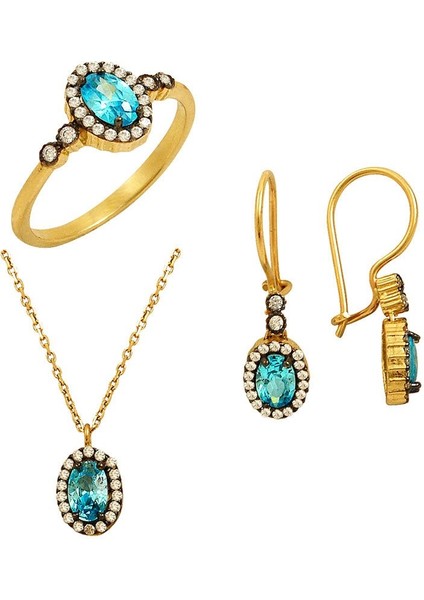 Aquamarine Taşlı Altın Üçlü Set