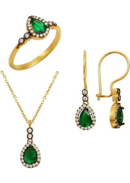 Zümrüt Renkli Altın Üçlü Set