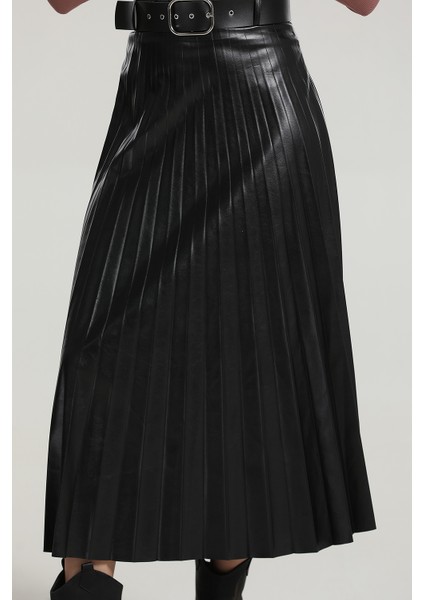 Kadın Siyah Pliseli Deri Etek fiyatları