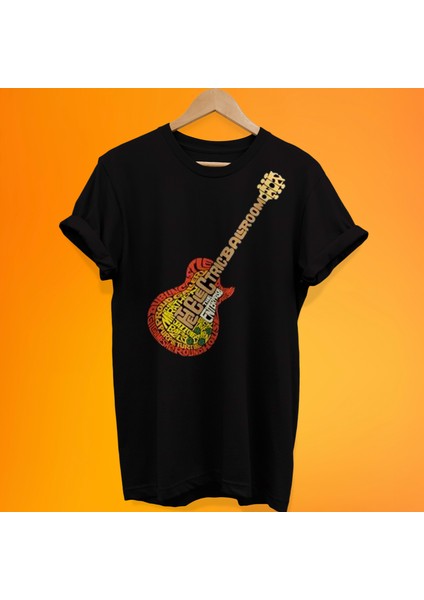 Gitar Baskılı %100 Pamuk Oversize T-Shirt Büyük Beden Tişört