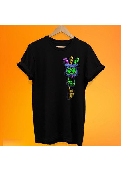 Cep Tetris Baskılı %100 Pamuk Oversize T-Shirt Büyük Beden Tişört