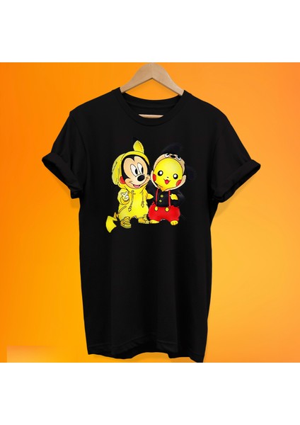 Pikachu Mickey Mouse Baskılı %100 Pamuk Oversize T-Shirt Büyük Beden Tişört