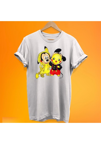 Pikachu Mickey Mouse Baskılı %100 Pamuk Oversize T-Shirt Büyük Beden Tişört