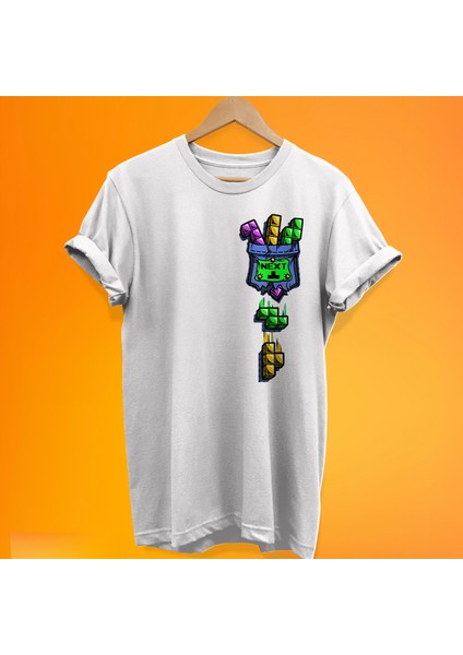 Cep Tetris Baskılı %100 Pamuk Oversize T-Shirt Büyük Beden Tişört