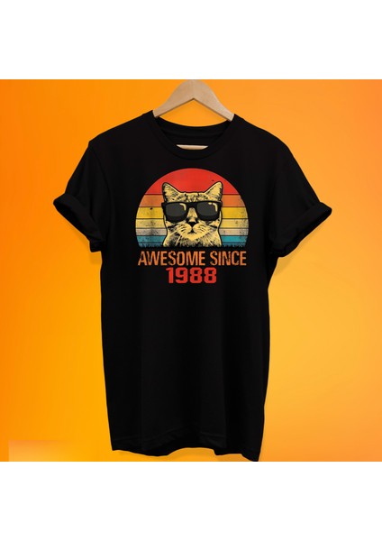 Retro Kedi Baskılı %100 Pamuk Oversize T-Shirt Büyük Beden Tişört