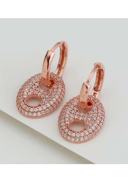 Taşlı Roze Halka 925 Ayar Gümüş Küpe