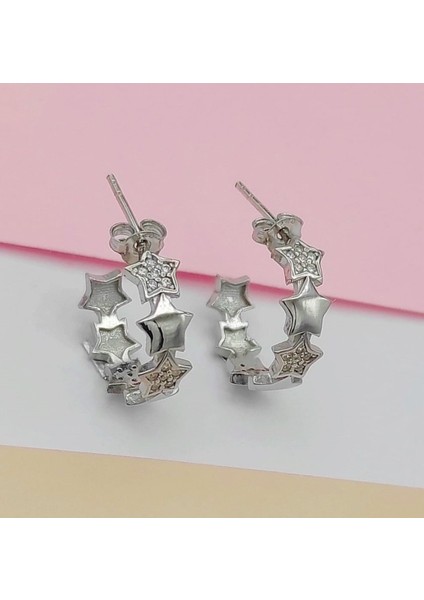 Yıldız Taşlı Halka 925 Ayar Gümüş Küpe