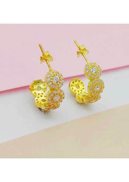 Gold Taşlı Halka 925 Ayar Gümüş Küpe