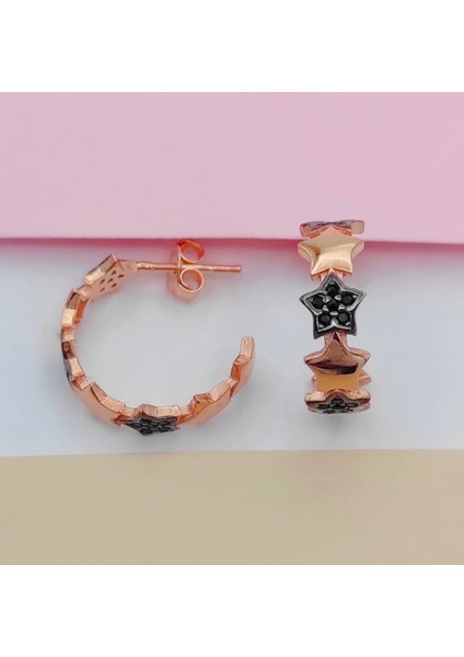 Yıldız Halka Rose 925 Ayar Gümüş Küpe
